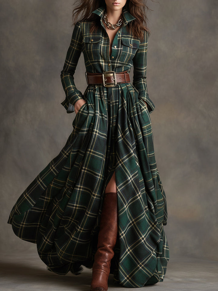 Gabriella | Women's Belted Plaid Maxi Dress