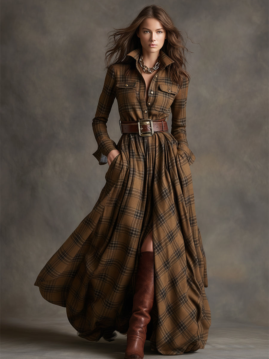 Gabriella | Women's Belted Plaid Maxi Dress
