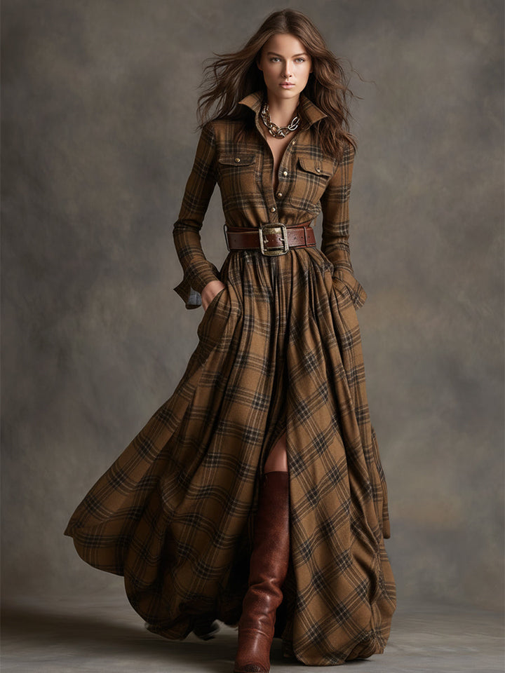 Gabriella | Women's Belted Plaid Maxi Dress