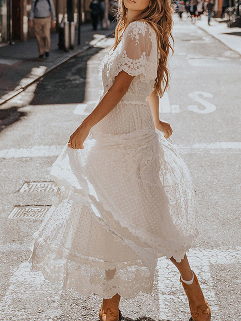 Hazel | Women's V-Neck Lace A-Line Midi Dress
