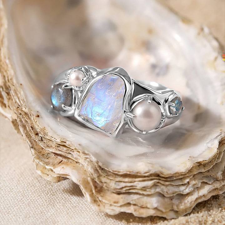 Raw Moonstone and Pearl Trio Ring
