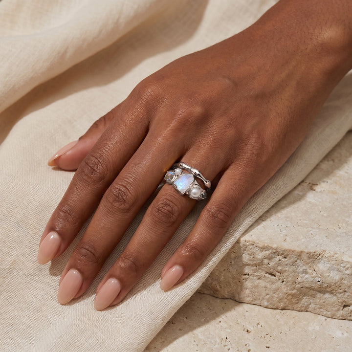 Raw Moonstone, Pearl and Molten Band Ring Set