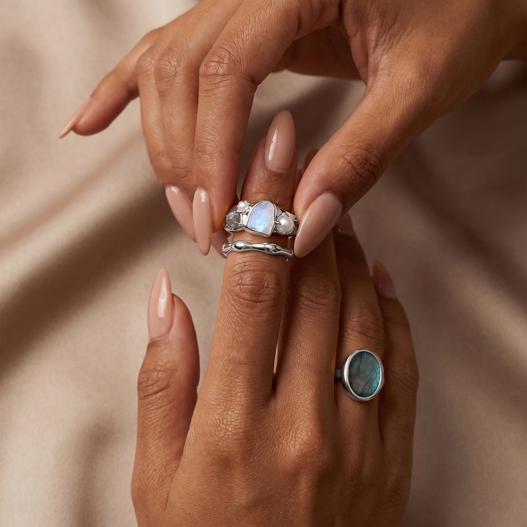 Raw Moonstone, Pearl and Molten Band Ring Set