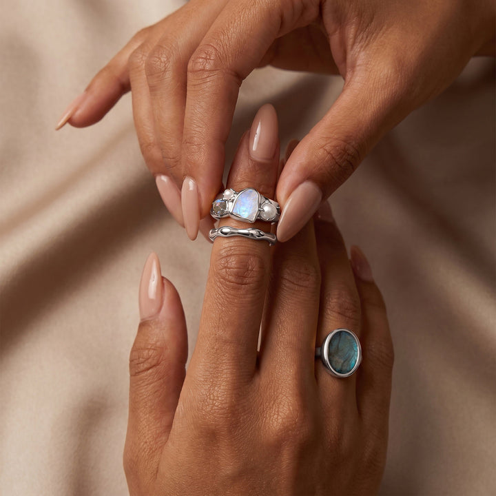 Raw Moonstone, Pearl and Molten Band Ring Set