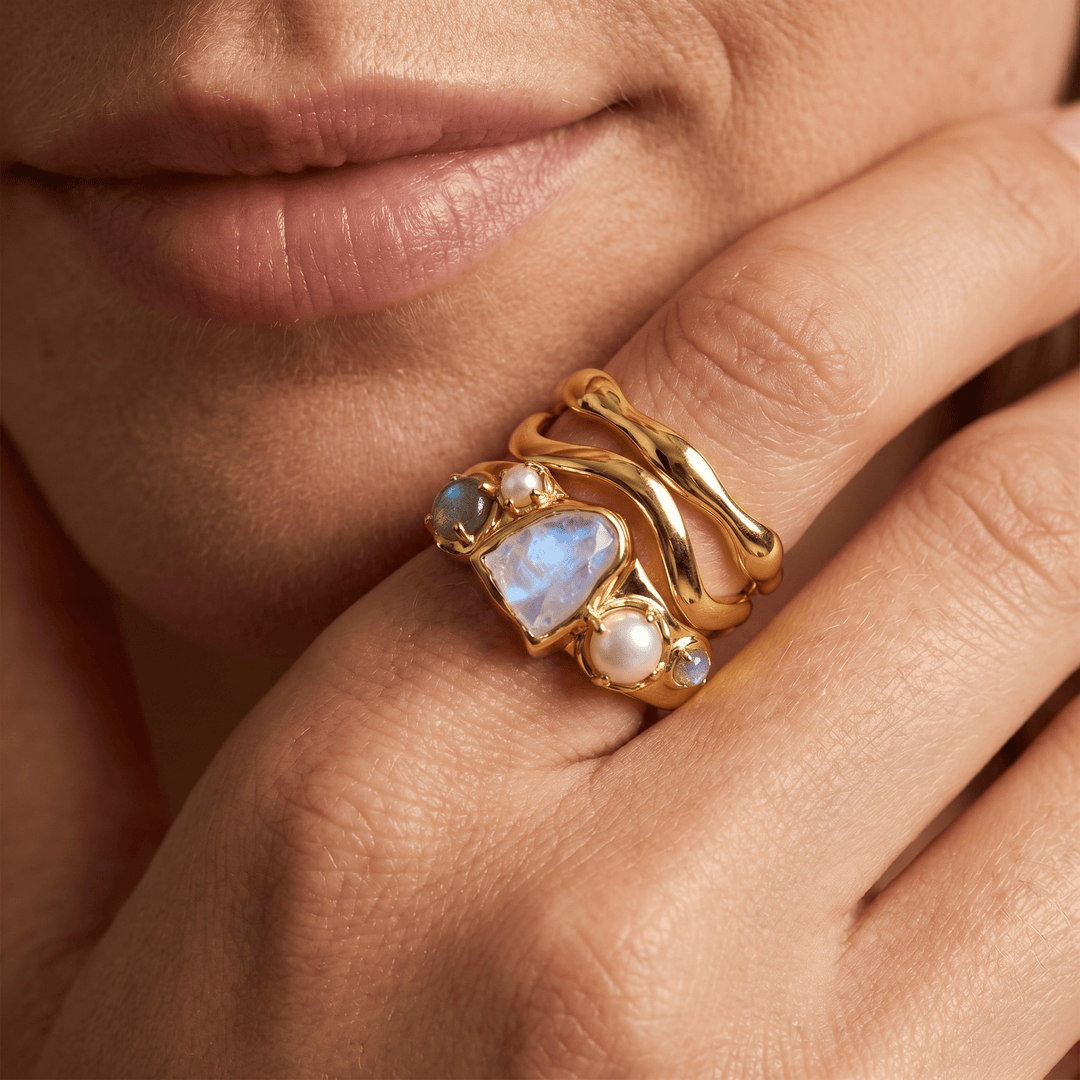 Raw Moonstone, Molten and Wave Band Ring Set