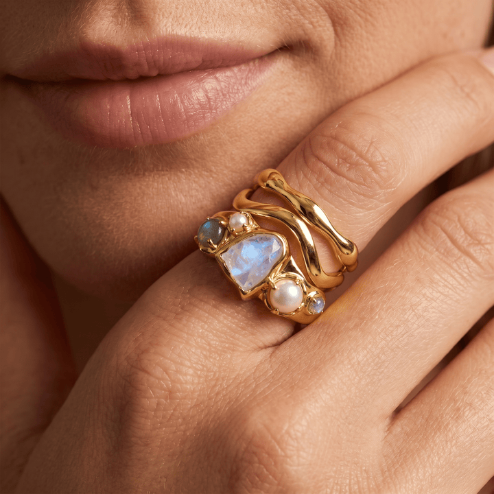 Raw Moonstone, Molten and Wave Band Ring Set
