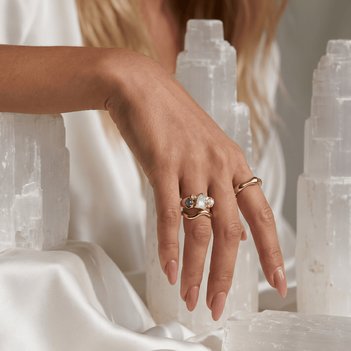 Raw Moonstone, Molten and Wave Band Ring Set
