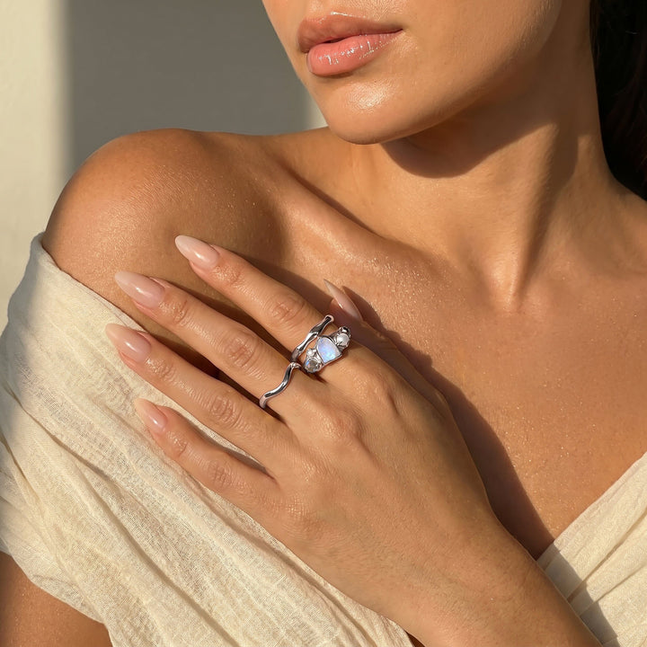 Raw Moonstone, Molten and Wave Band Ring Set