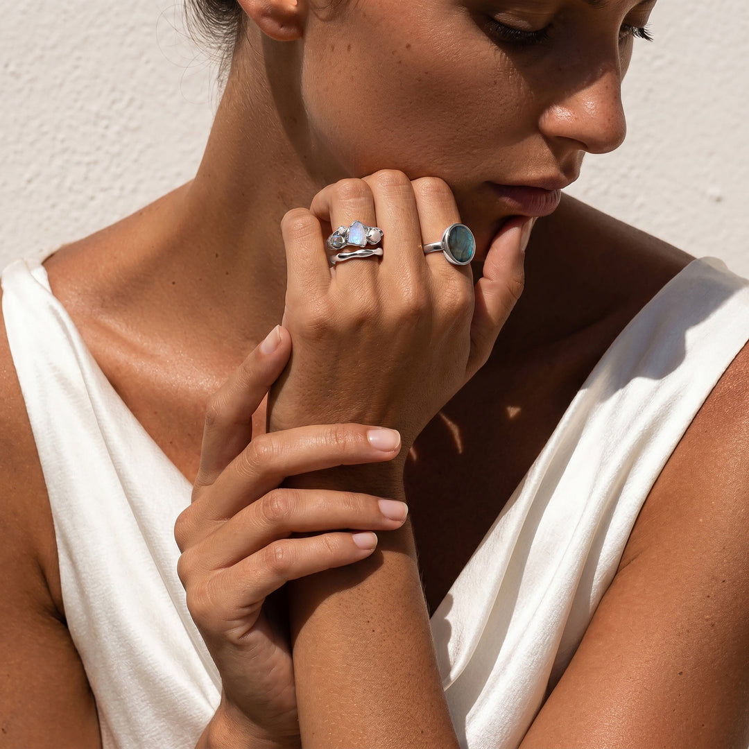 Raw Moonstone, Pearl and Molten Band Ring Set