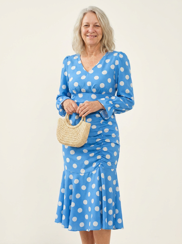 Delphine™ - Long Sleeve Polka Dot Fishtail Dress