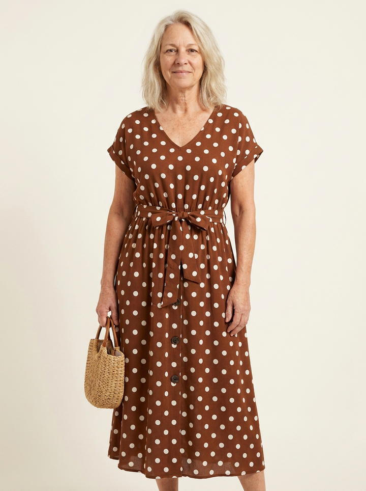Estelle™ - Belted V-Neck Polka Dot Maxi