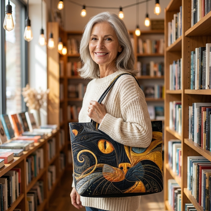 Woman holding Mystic Cat artisanal tote bag