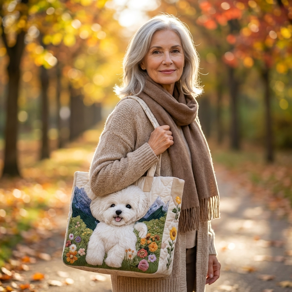 Woman holding Enchanted Dog artisanal tote bag