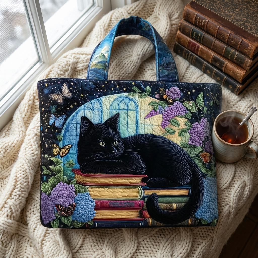 Black Cat on Books artisanal tote bag flatlay