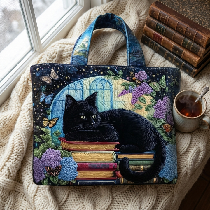Black Cat on Books artisanal tote bag flatlay