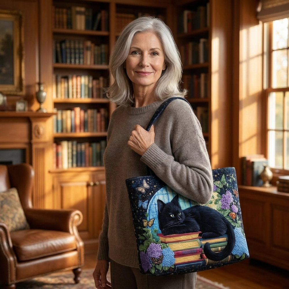 Woman holding Black Cat on Books artisanal tote bag