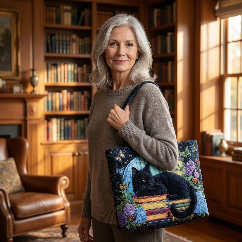 Woman holding Black Cat on Books artisanal tote bag