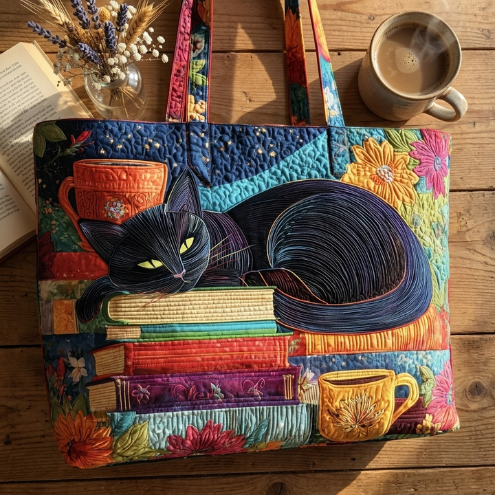 Black Cat with Books and Mugs artisanal tote bag flatlay