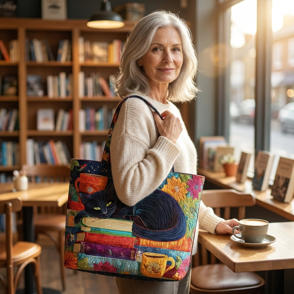 Woman holding Black Cat with Books and Mugs artisanal tote bag