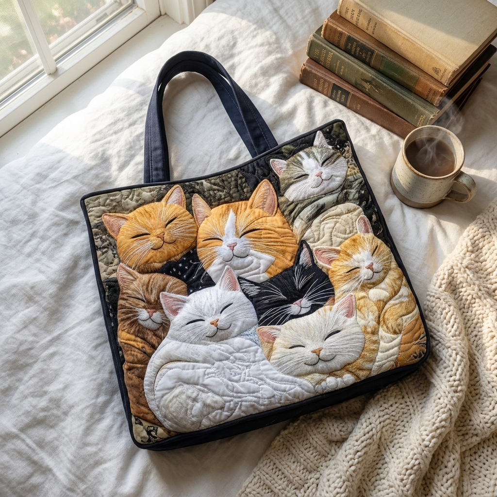 Sleeping Kittens artisanal tote bag flatlay