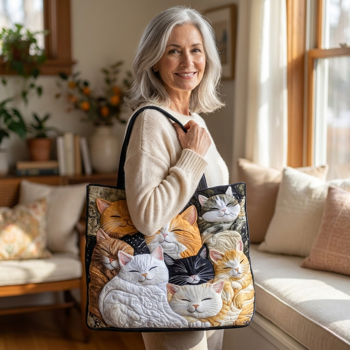 Woman holding Sleeping Kittens artisanal tote bag