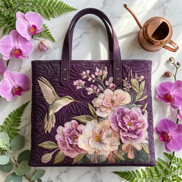 Hummingbirds and Orchids artisanal tote bag flatlay