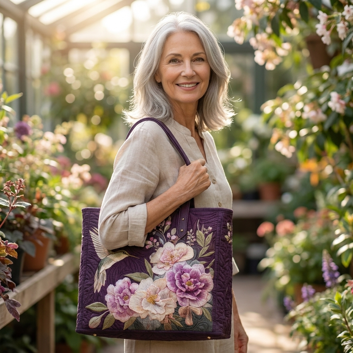 Woman holding Hummingbirds and Orchids artisanal tote bag
