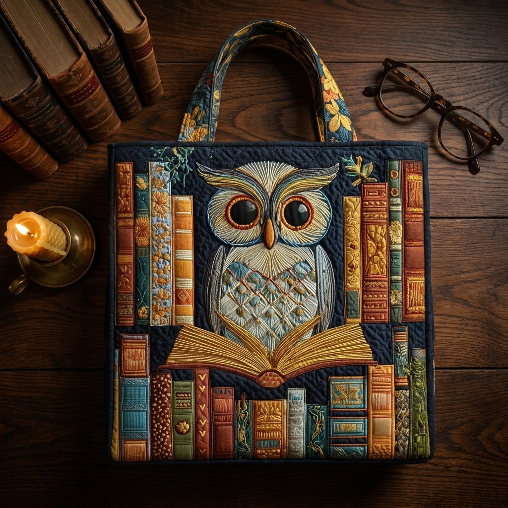 Owl and Vintage Books artisanal tote bag flatlay