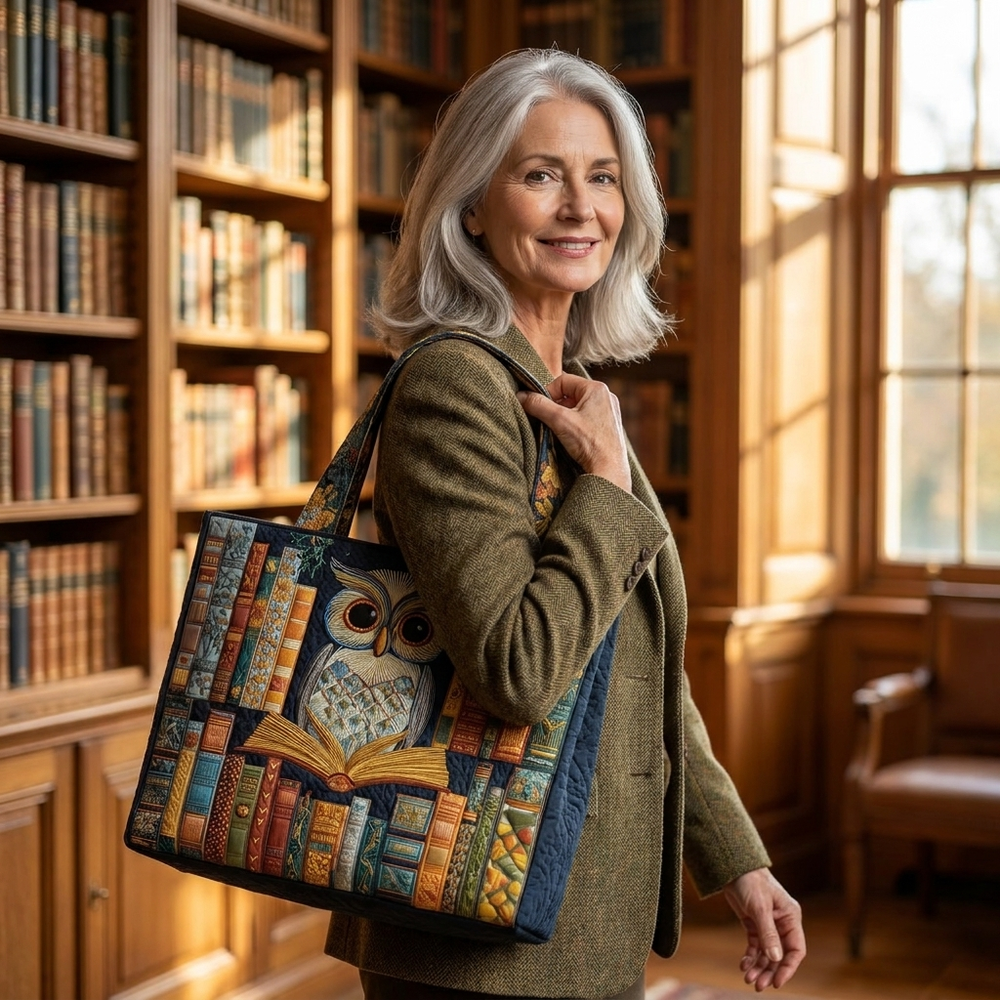 Woman holding Owl and Vintage Books artisanal tote bag