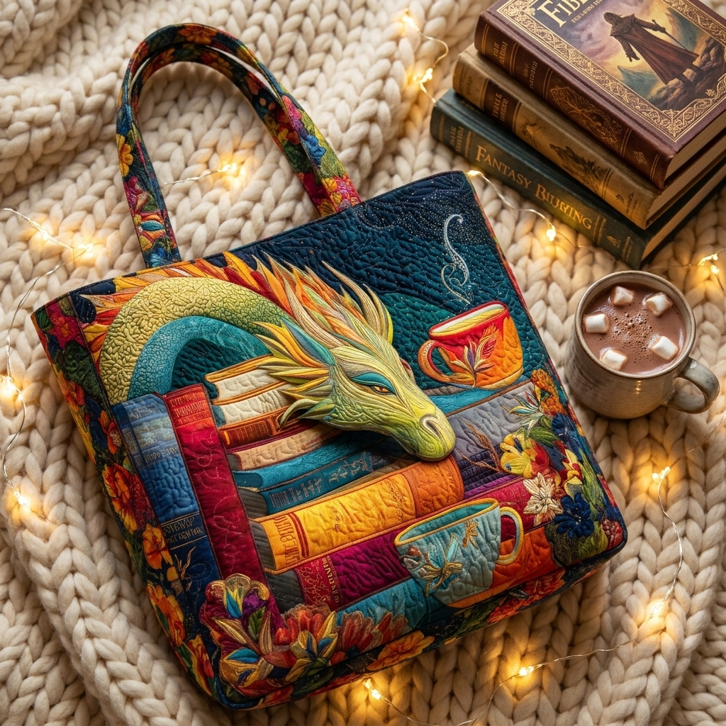 Dragon Reader with Books and Mugs artisanal tote bag flatlay
