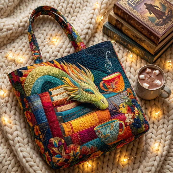 Dragon Reader with Books and Mugs artisanal tote bag flatlay