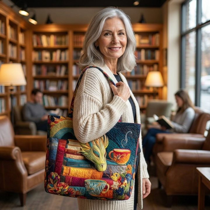 Woman holding Dragon Reader with Books and Mugs artisanal tote bag
