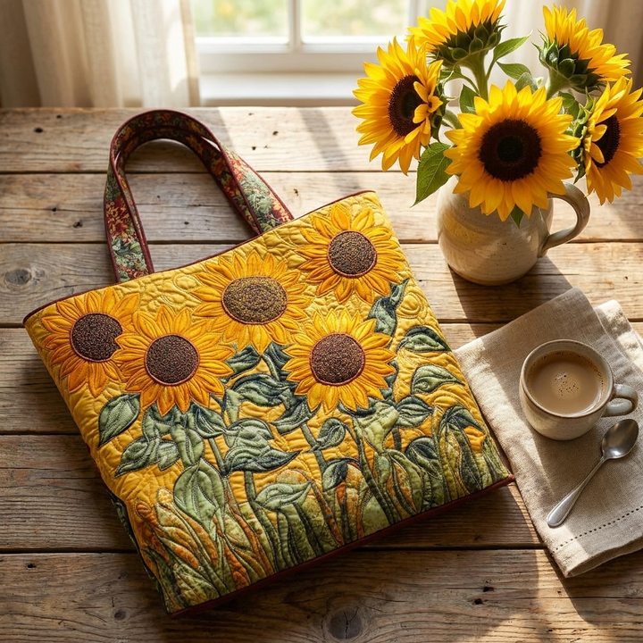 Sunflowers quilted tote bag flatlay