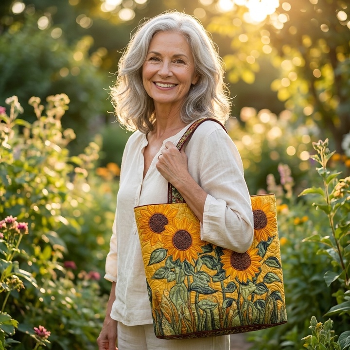 Woman holding Sunflowers quilted tote bag
