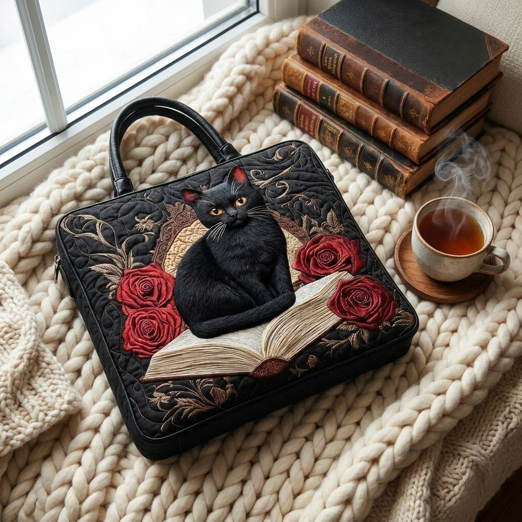Black Cat on Books quilted tote bag flatlay