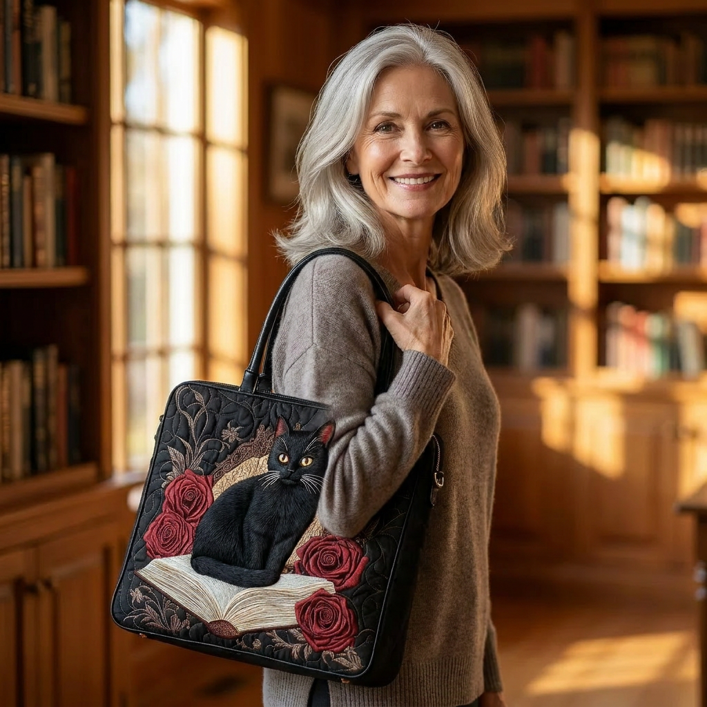 Woman holding Black Cat on Books quilted tote bag
