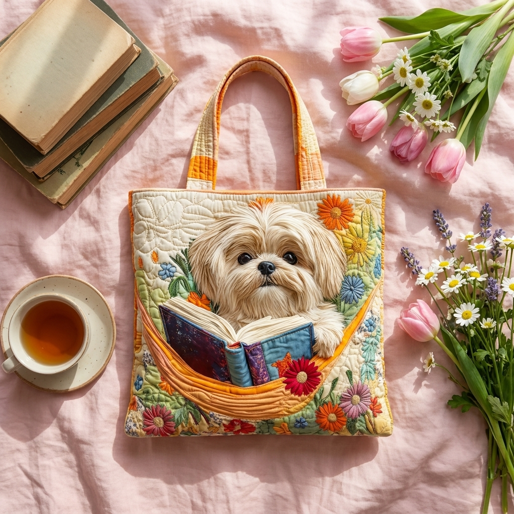 Shih Tzu with Books and Flowers artisanal tote bag flatlay