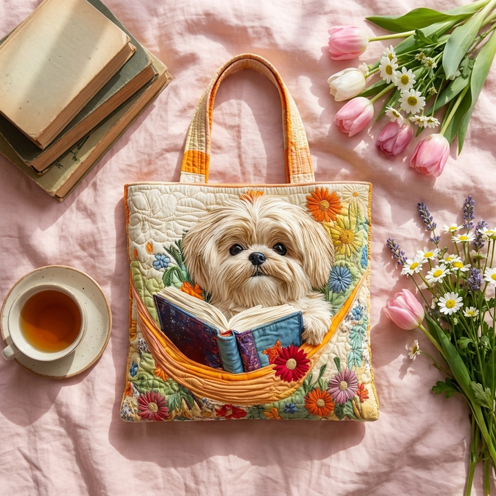Shih Tzu with Books and Flowers artisanal tote bag flatlay