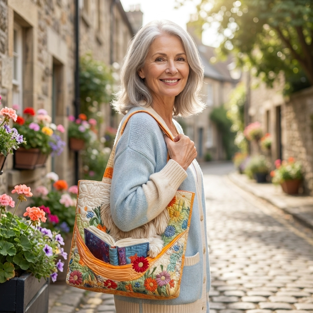 Woman holding Shih Tzu with Books and Flowers artisanal tote bag