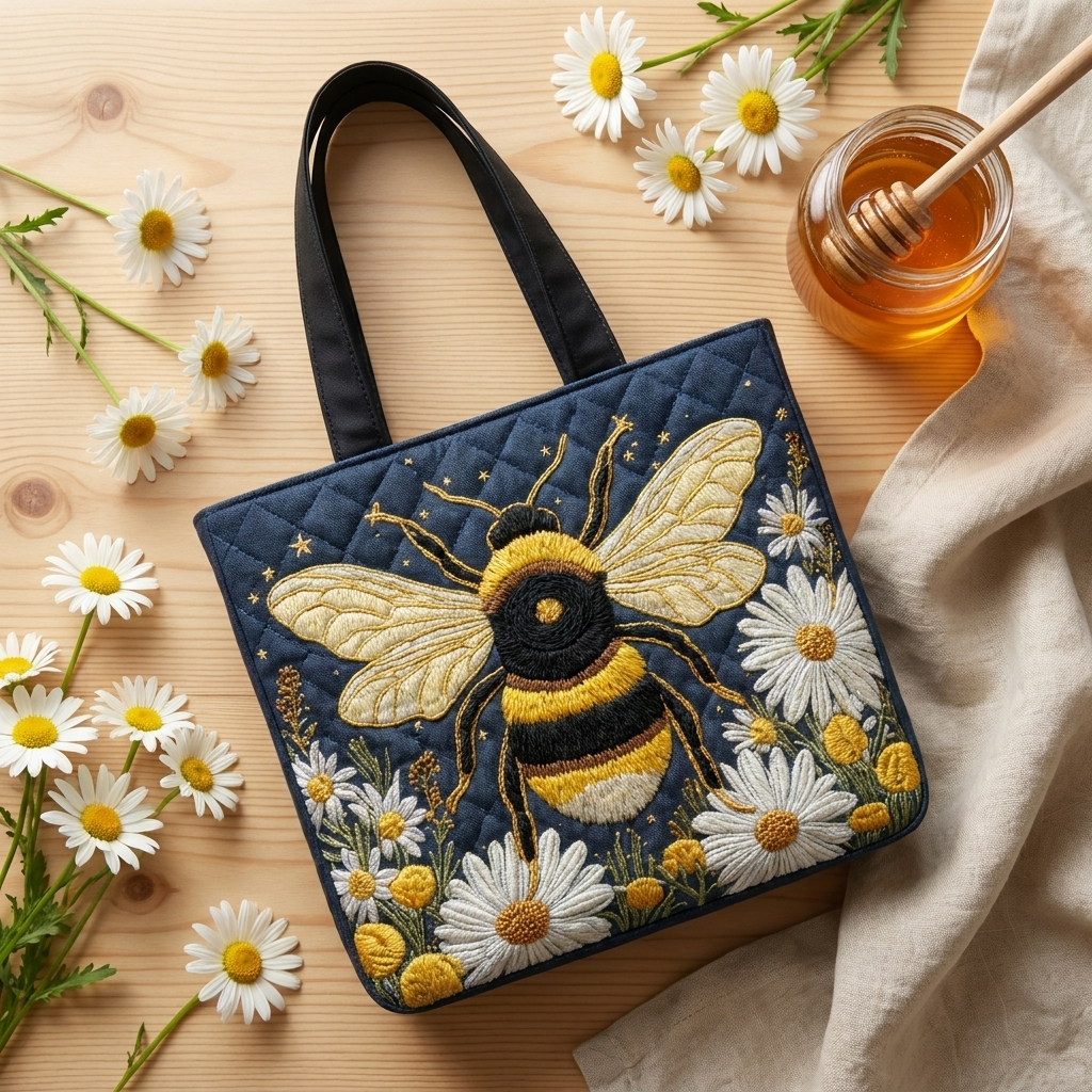 Bee with Daisies and Stars artisanal tote bag flatlay