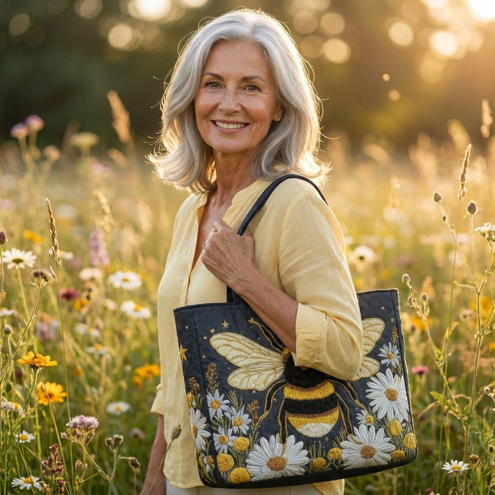 Woman holding Bee with Daisies and Stars artisanal tote bag
