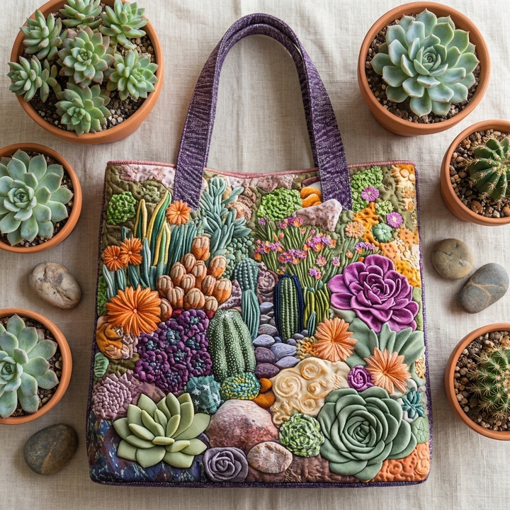 Succulent Garden artisanal tote bag flatlay