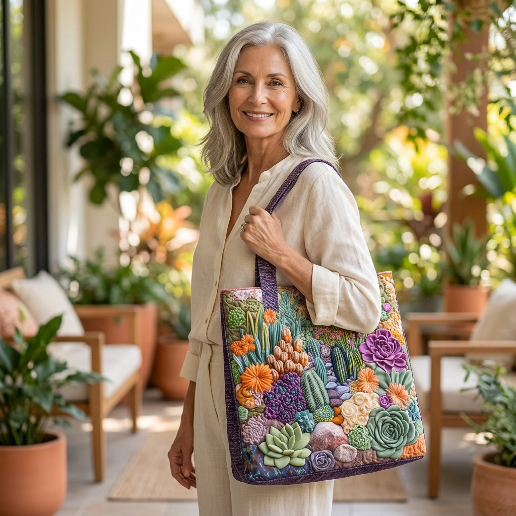 Woman holding Succulent Garden artisanal tote bag