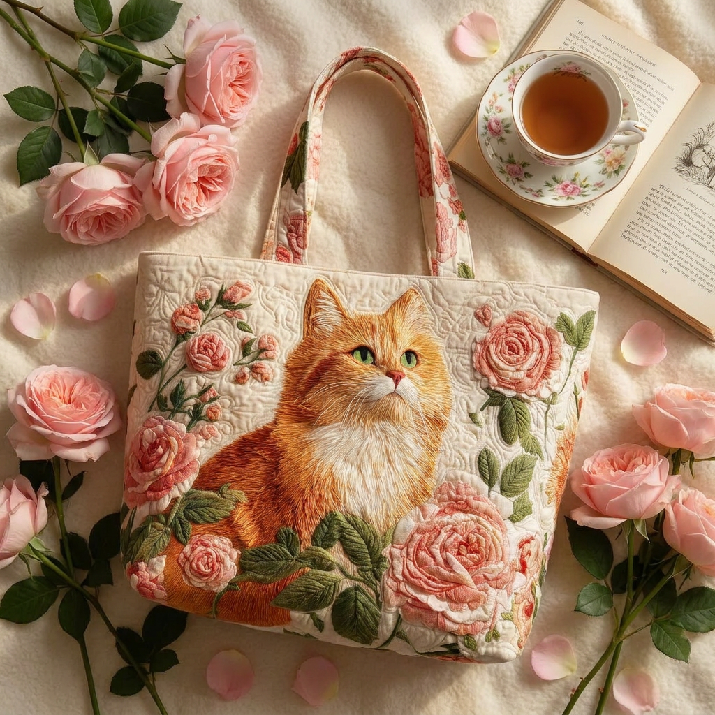 Orange Cat with Roses artisanal tote bag flatlay