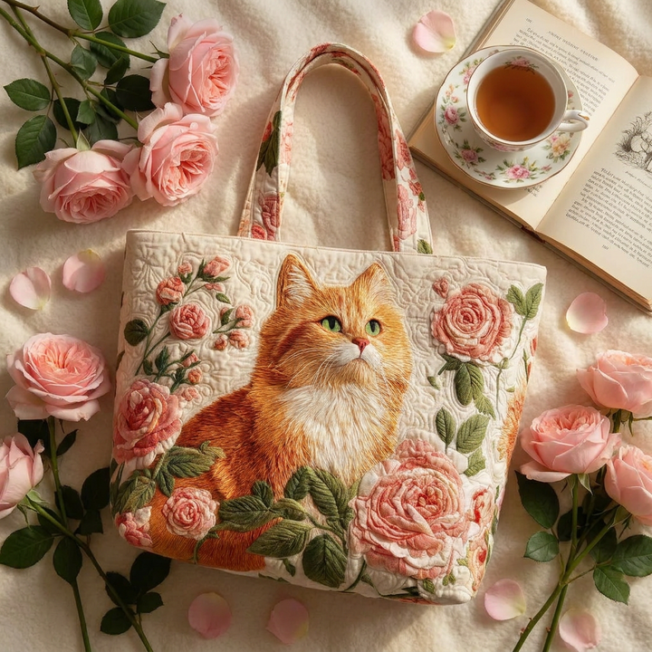 Orange Cat with Roses artisanal tote bag flatlay