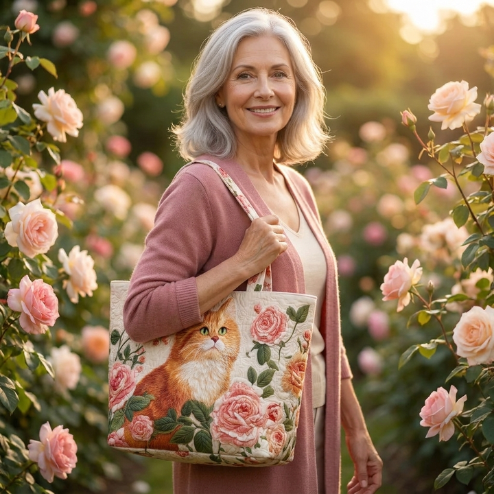Woman holding Orange Cat with Roses artisanal tote bag