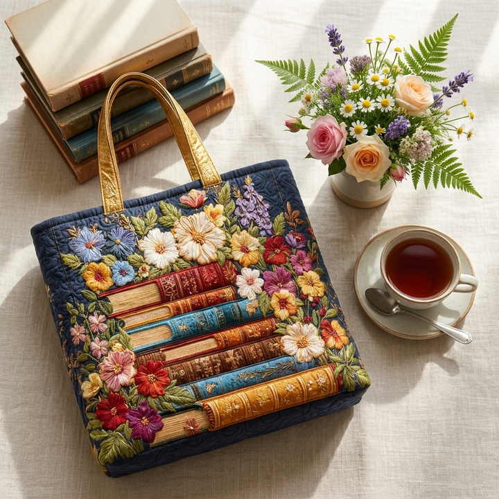 Floral Print and Books artisanal tote bag flatlay