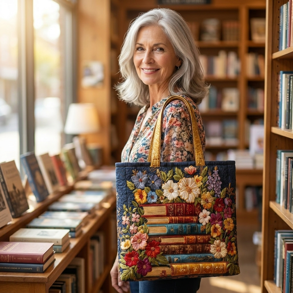 Woman holding Floral Print and Books artisanal tote bag