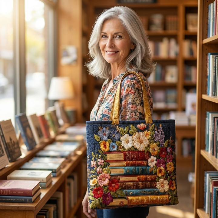Woman holding Floral Print and Books artisanal tote bag