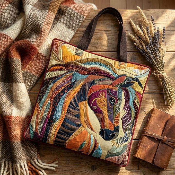 Multicolored Mosaic Horse artisanal tote bag flatlay